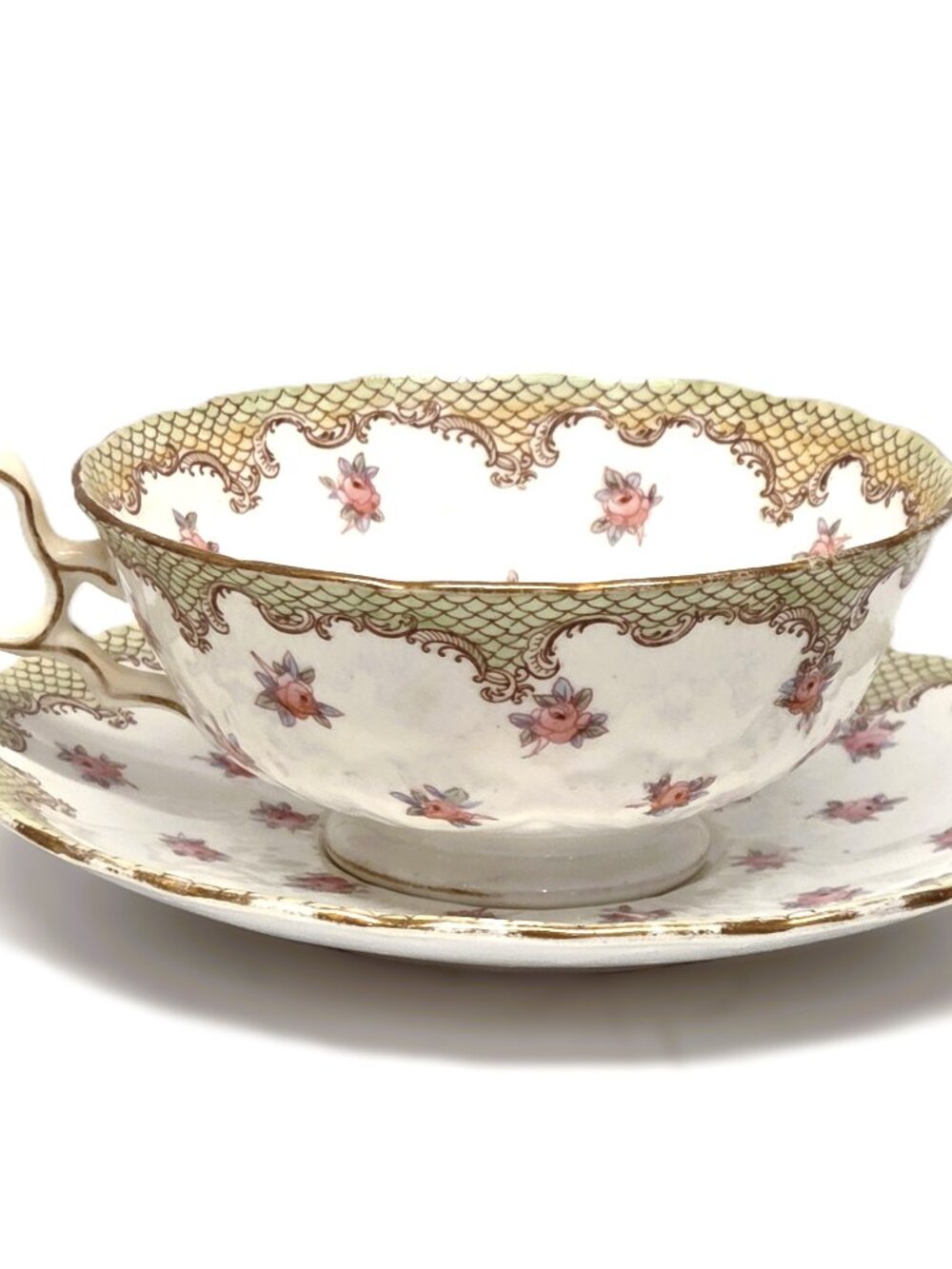Victorian Era Crown Staffordshire Tea Cup Saucer Set Rose Vintage Ovington Bros.
